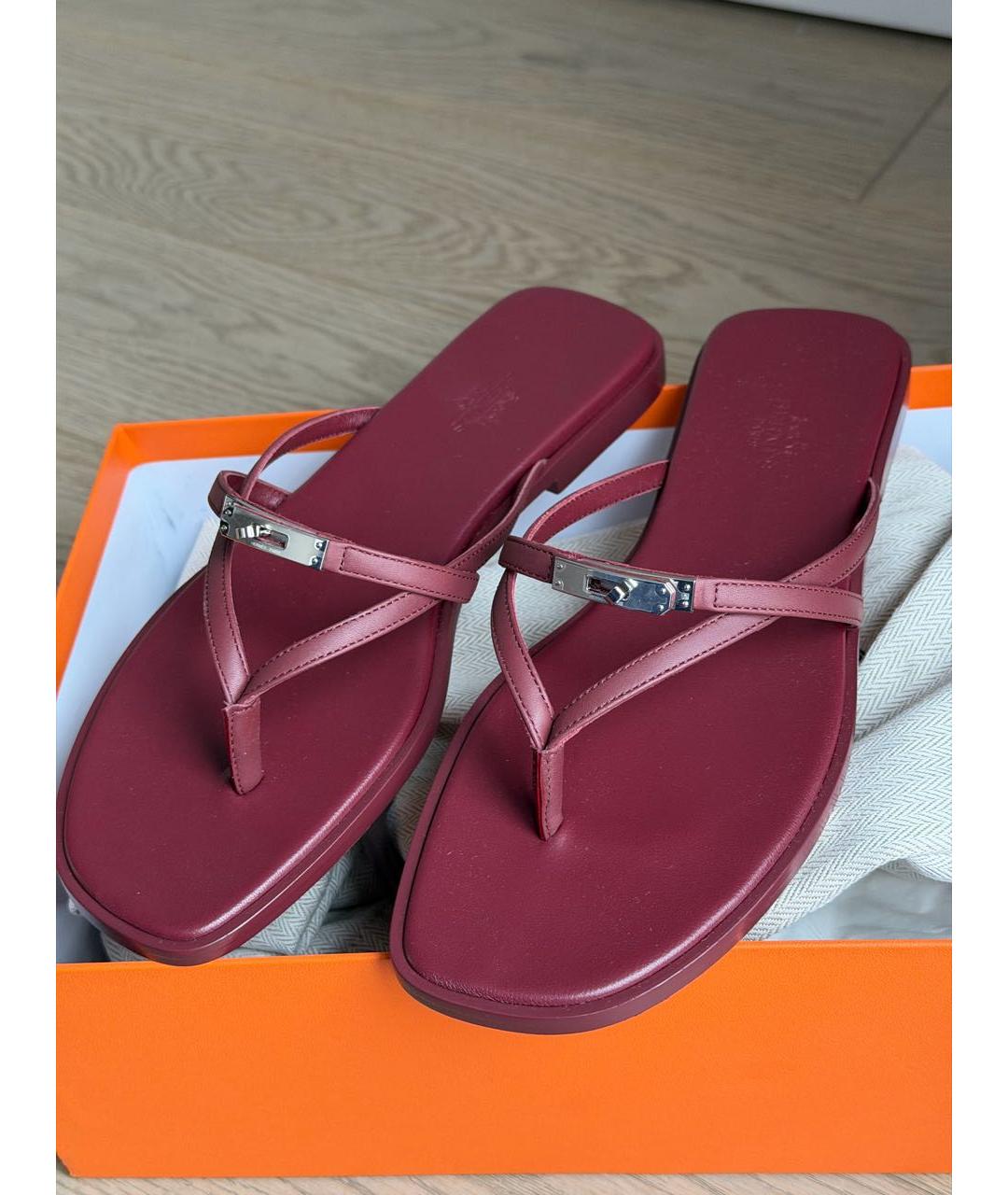 HERMES Бордовые кожаные шлепанцы, фото 5