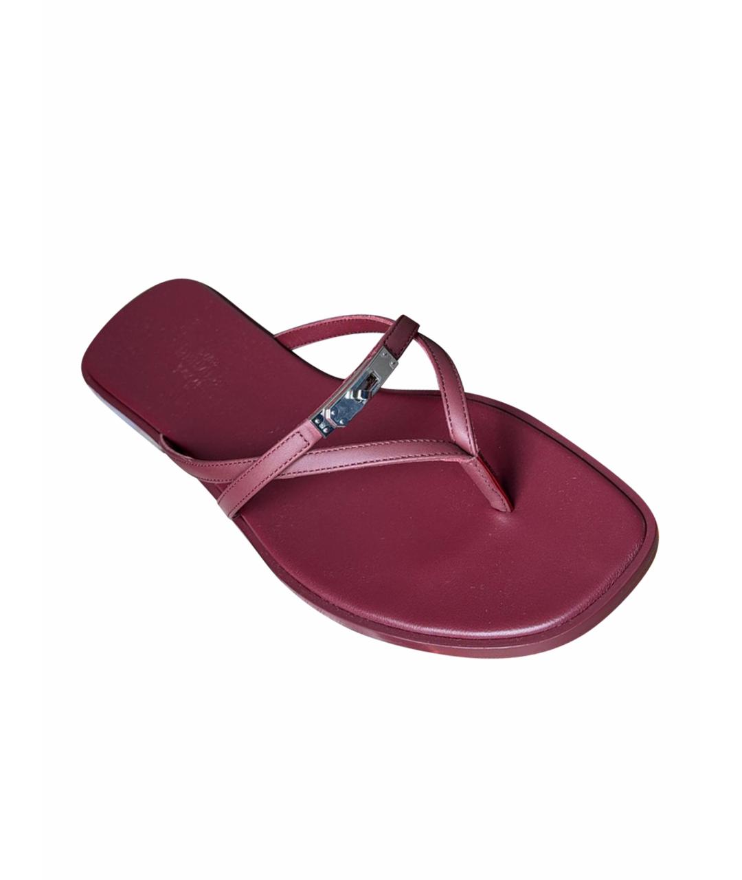 HERMES Бордовые кожаные шлепанцы, фото 1