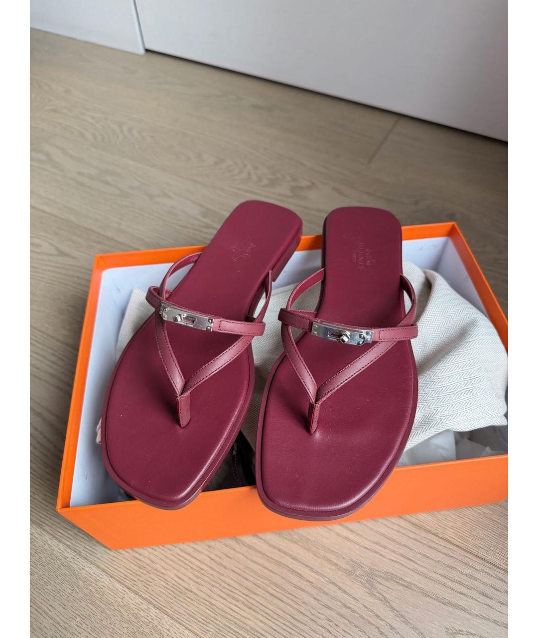 HERMES Бордовые кожаные шлепанцы, фото 3