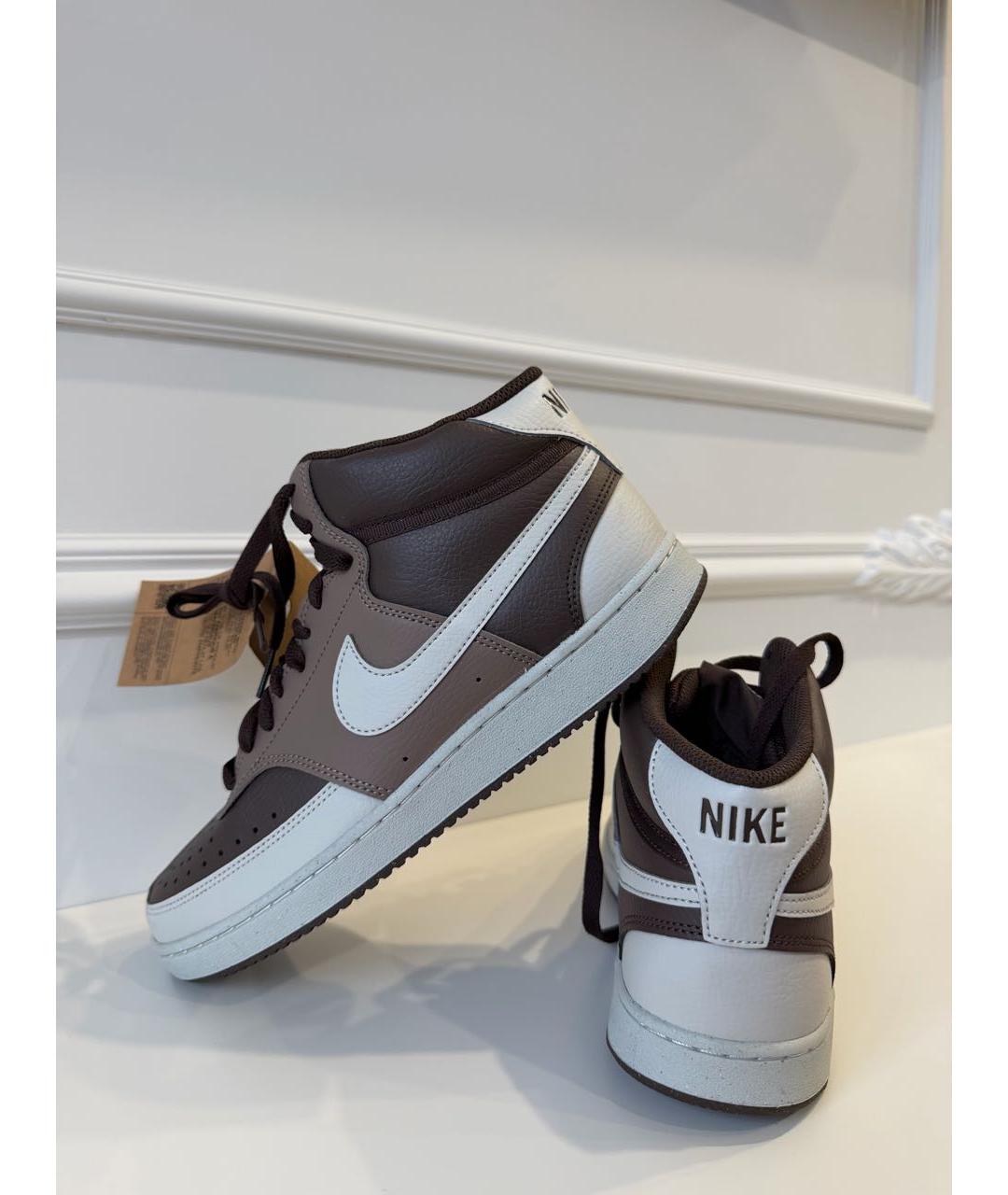 NIKE Коричневые кожаные высокие кроссовки / кеды, фото 2