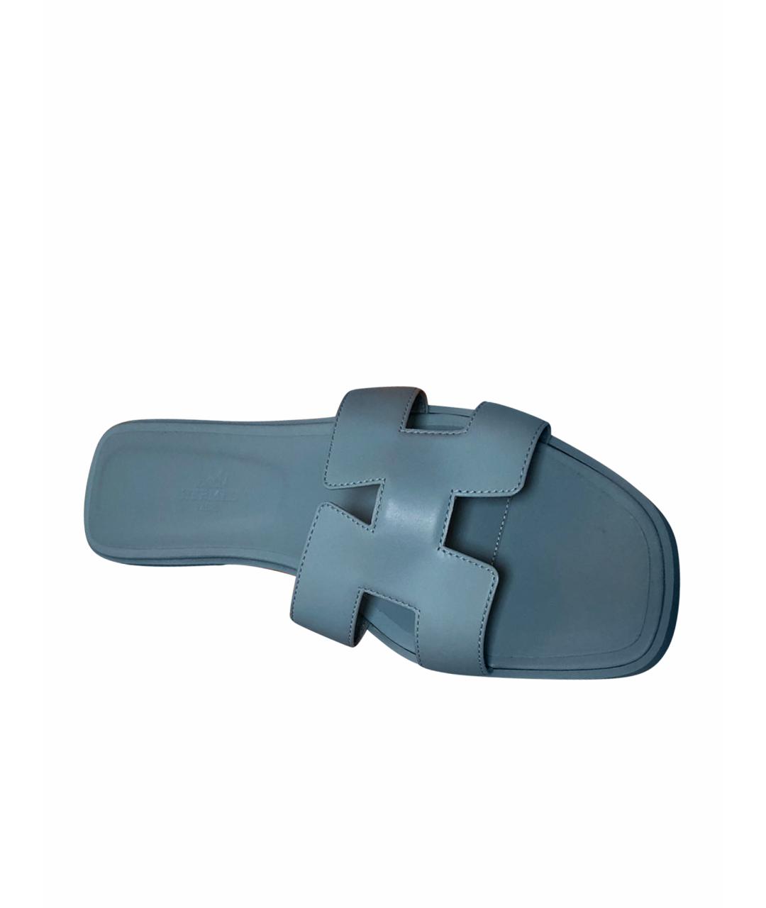 HERMES Голубые кожаные шлепанцы, фото 1
