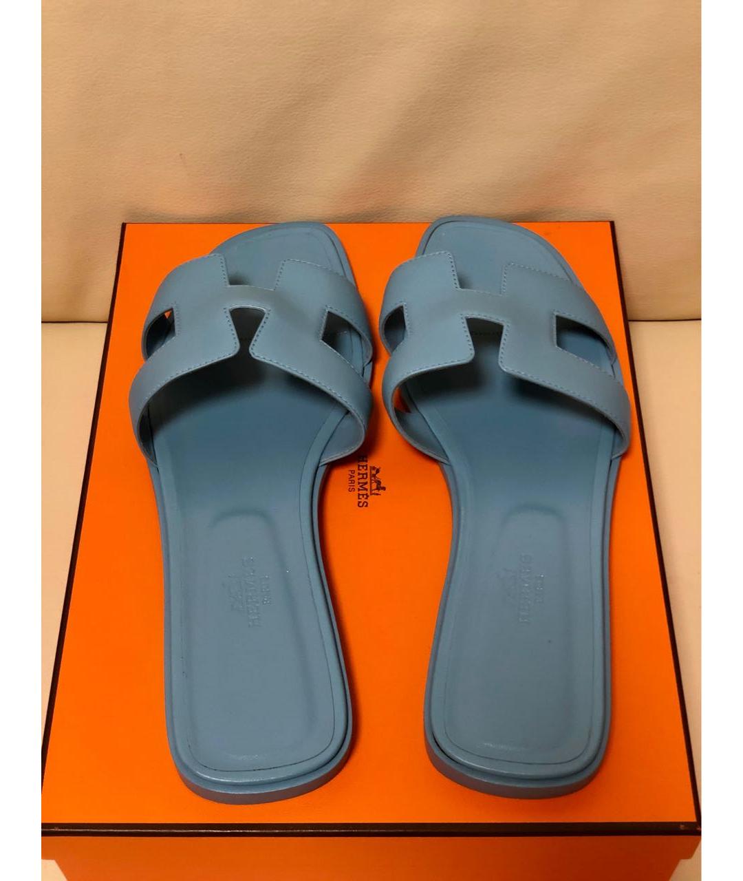 HERMES Голубые кожаные шлепанцы, фото 3