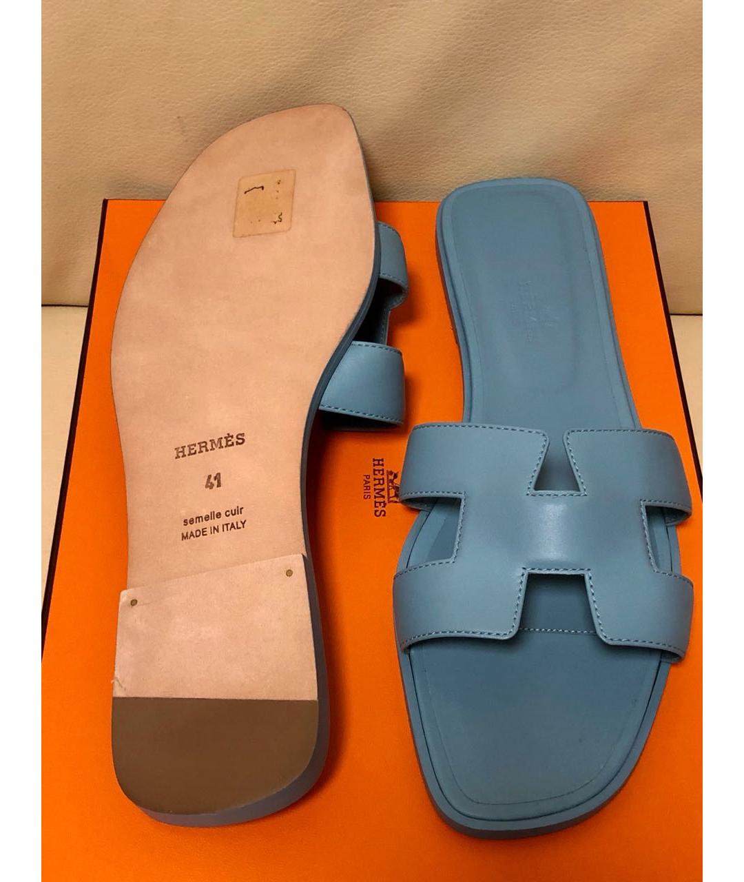 HERMES Голубые кожаные шлепанцы, фото 6