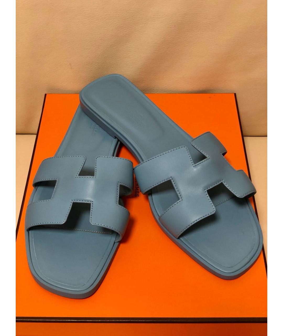 HERMES Голубые кожаные шлепанцы, фото 4