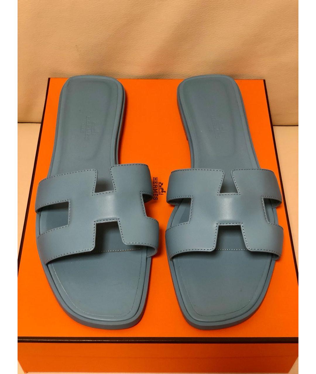 HERMES Голубые кожаные шлепанцы, фото 2