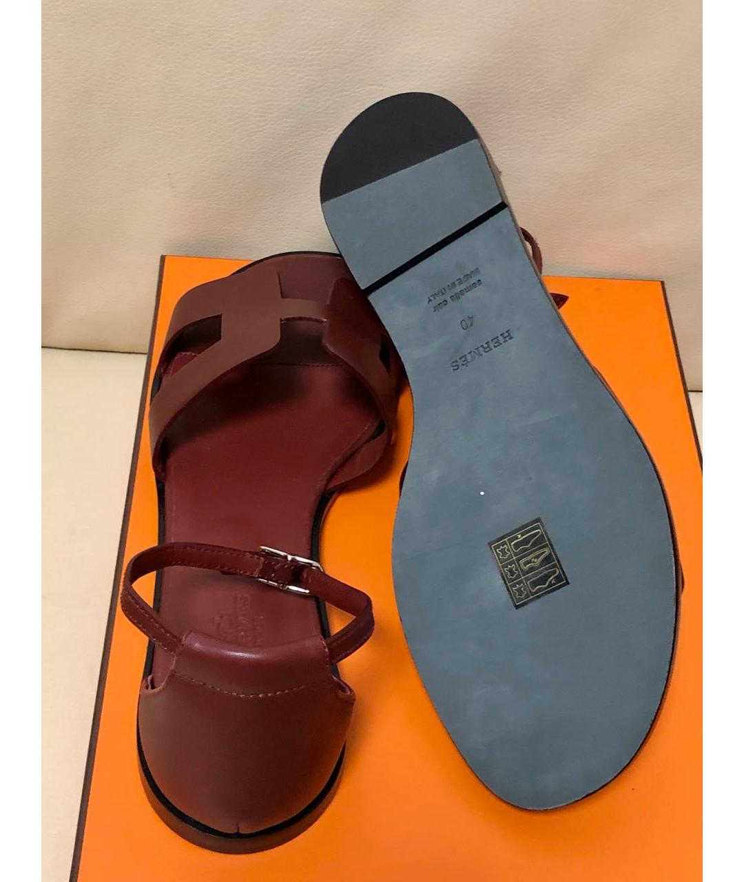 HERMES Бордовые кожаные босоножки, фото 3