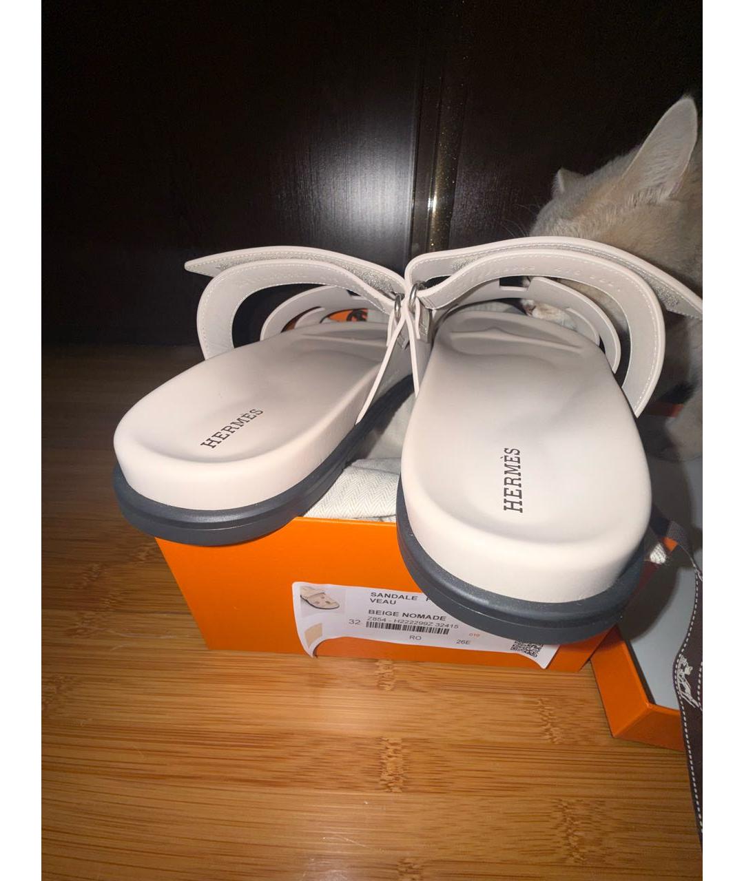 HERMES Бежевые кожаные шлепанцы, фото 4