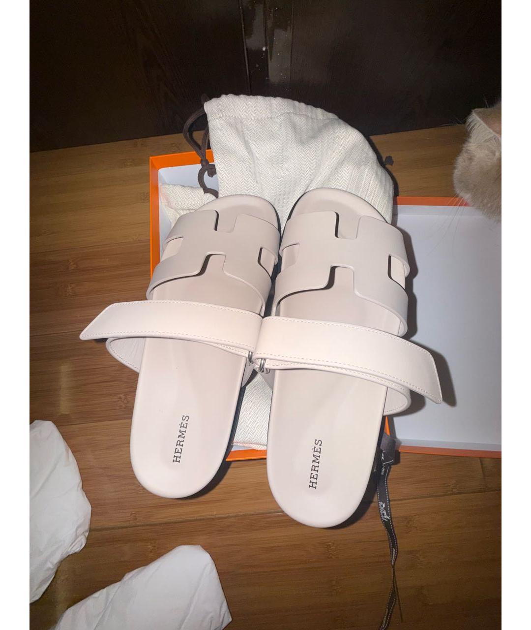 HERMES Бежевые кожаные шлепанцы, фото 3
