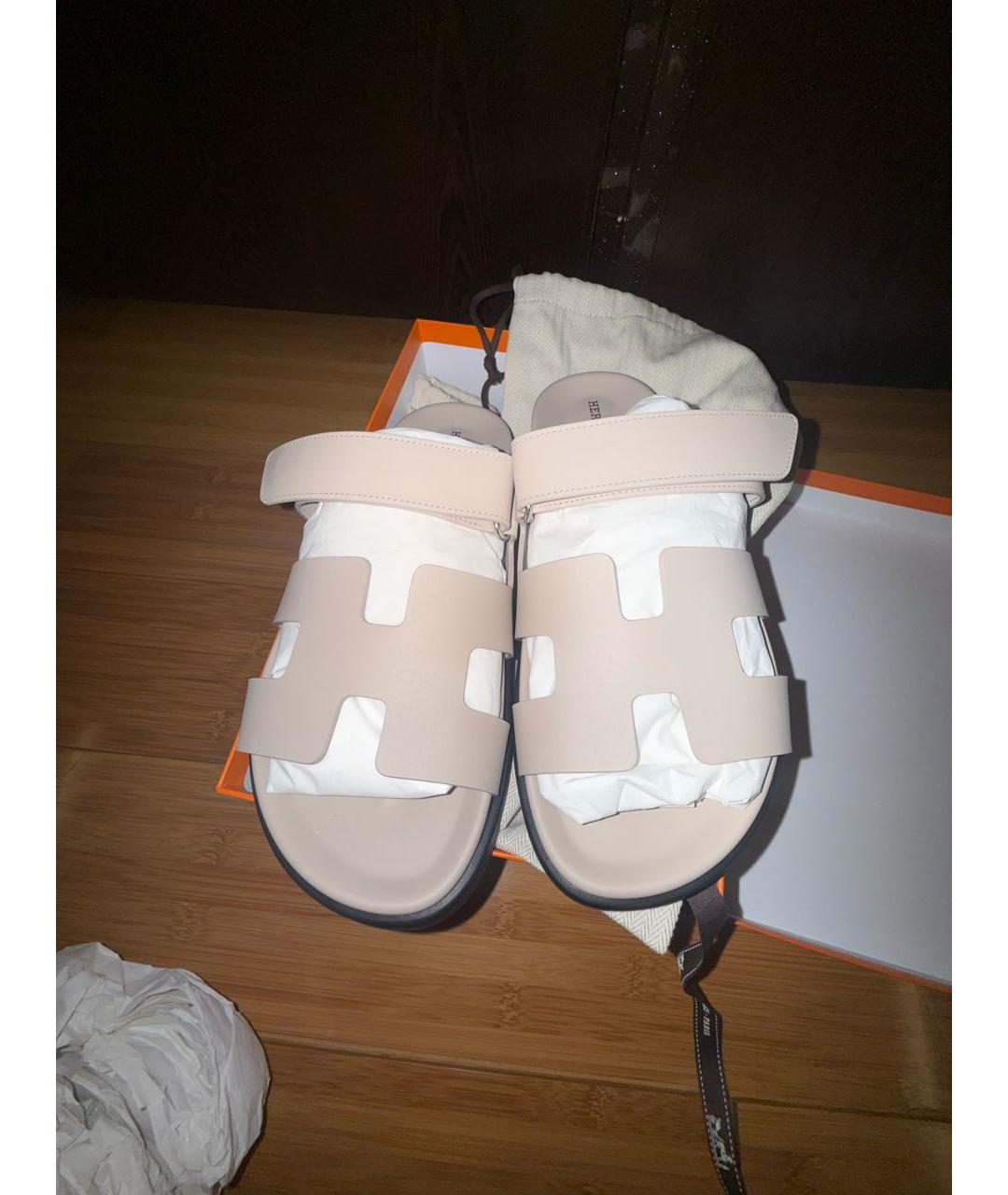 HERMES Бежевые кожаные шлепанцы, фото 2