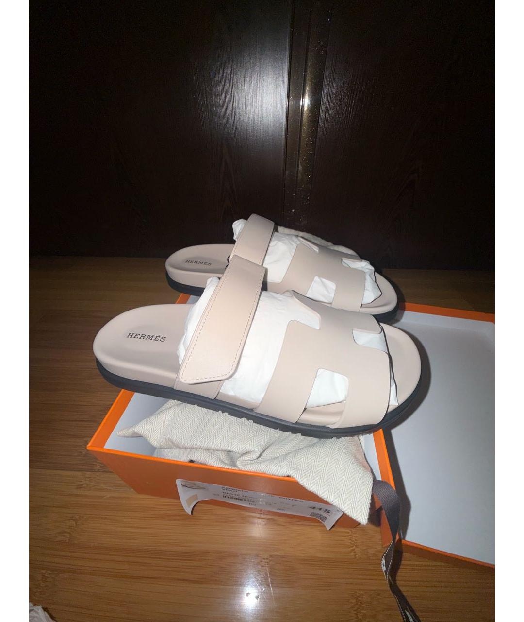 HERMES Бежевые кожаные шлепанцы, фото 6
