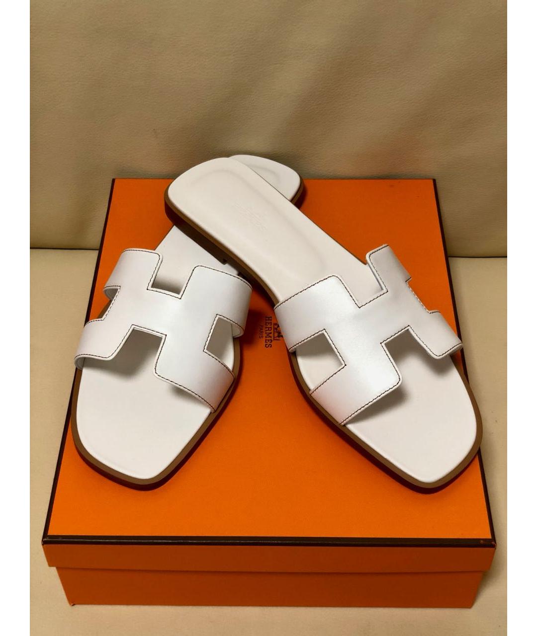 HERMES Белые кожаные шлепанцы, фото 2