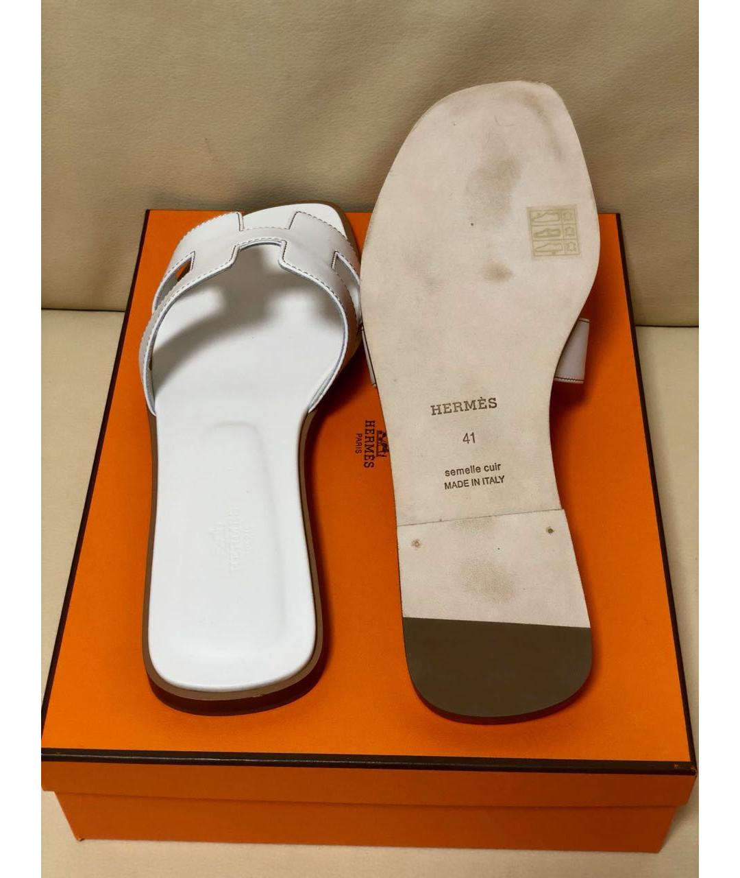 HERMES Белые кожаные шлепанцы, фото 4
