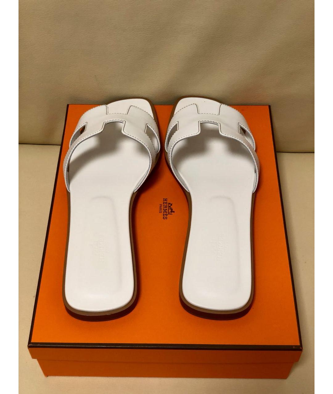 HERMES Белые кожаные шлепанцы, фото 3