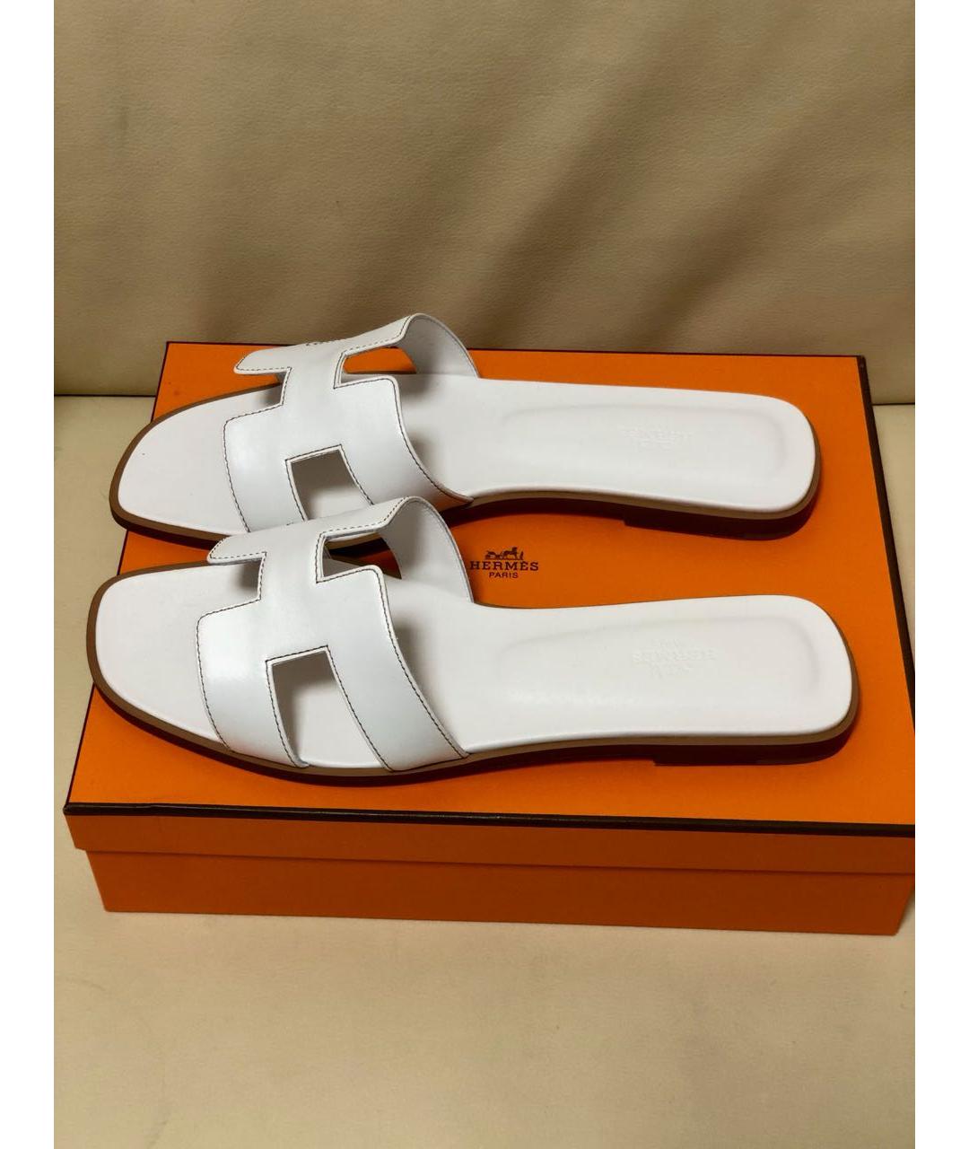 HERMES Белые кожаные шлепанцы, фото 5