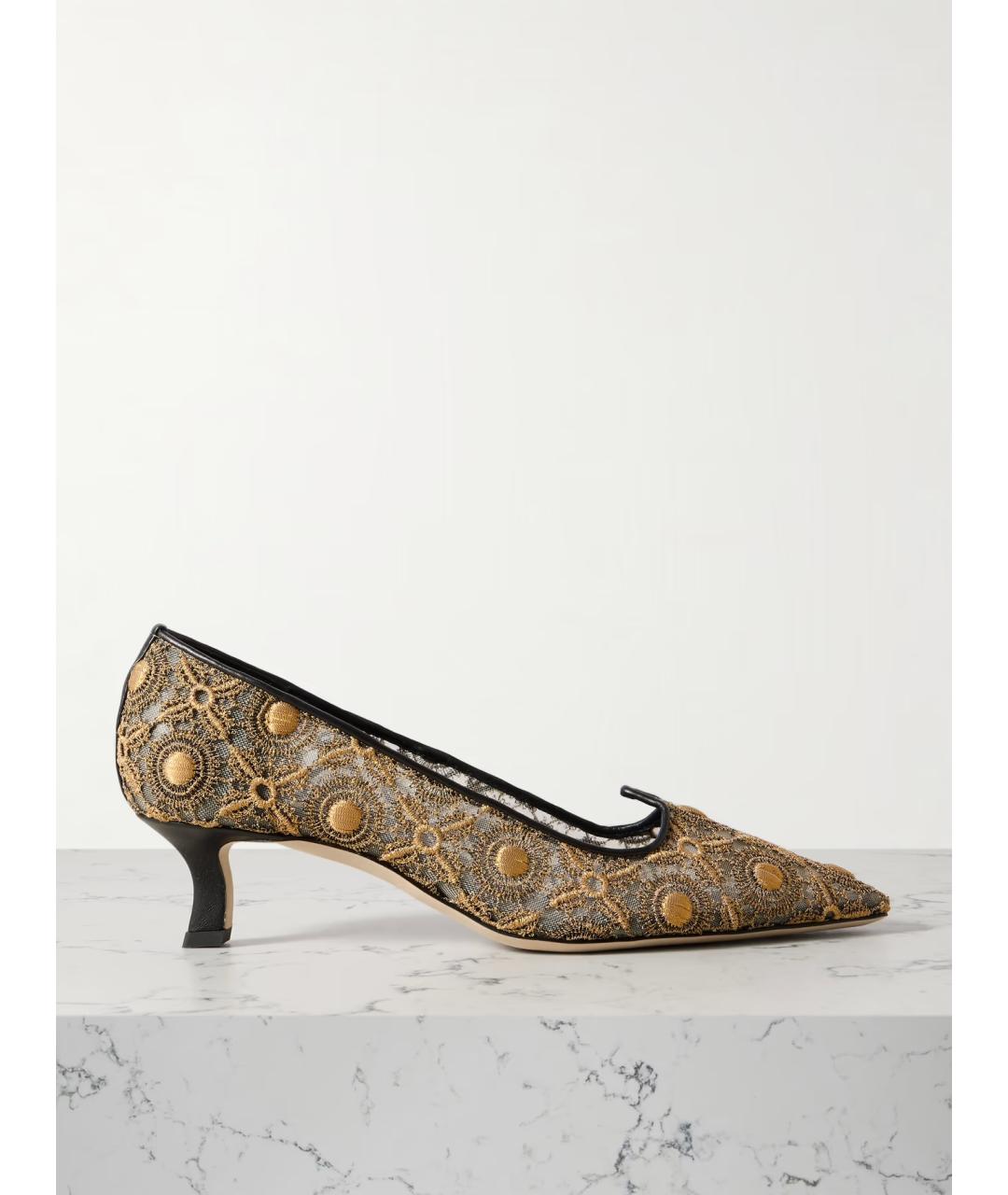 MANOLO BLAHNIK Золотые текстильные лодочки на низком каблуке, фото 5