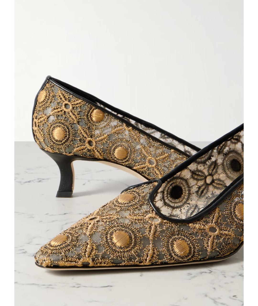 MANOLO BLAHNIK Золотые текстильные лодочки на низком каблуке, фото 4