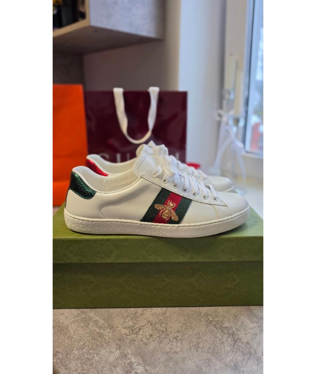 GUCCI Белые кожаные низкие кроссовки / кеды, фото 5