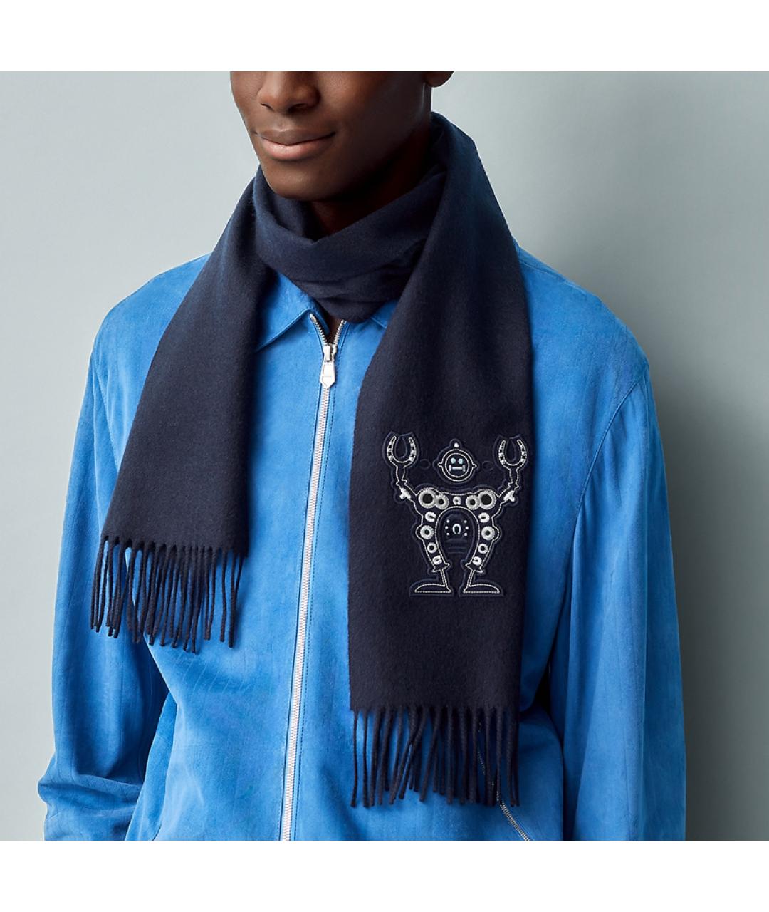 HERMES Темно-синий кашемировый шарф, фото 2