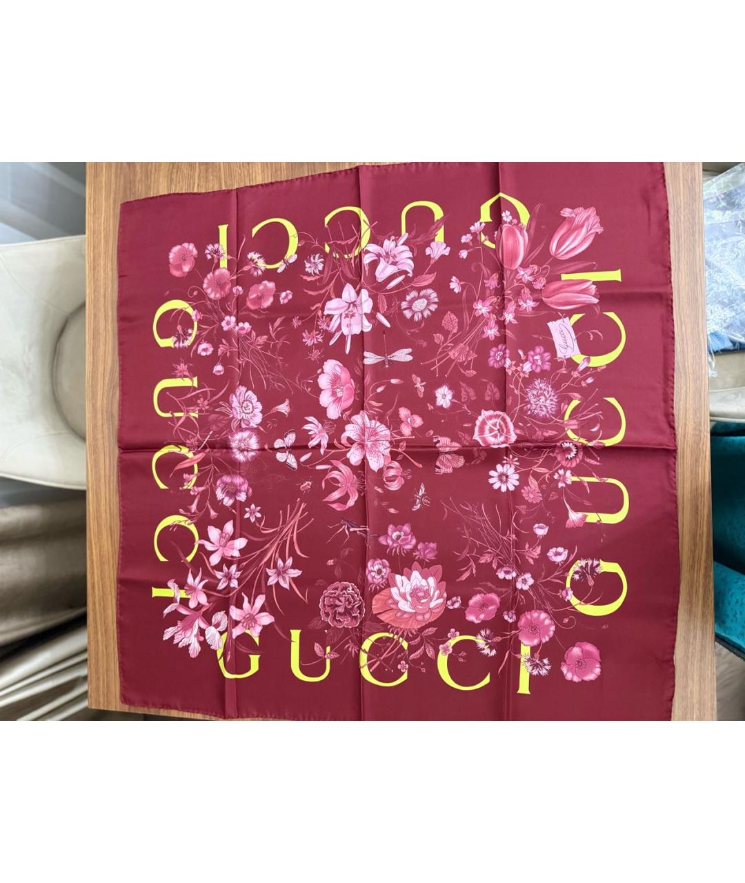 GUCCI Бордовый шелковый платок, фото 2
