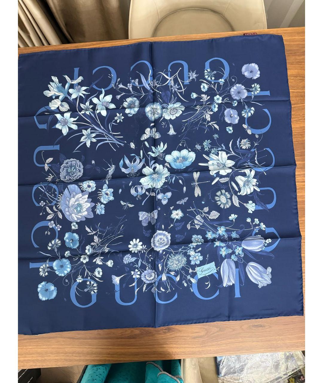GUCCI Синий шелковый платок, фото 2
