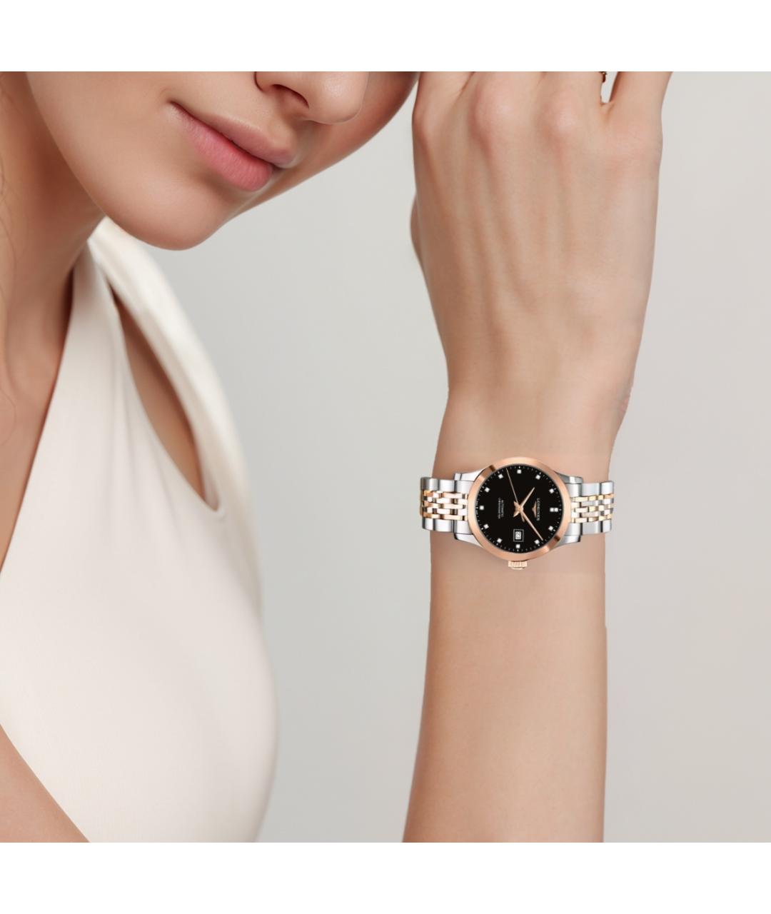 LONGINES Черные часы из золота и стали, фото 4