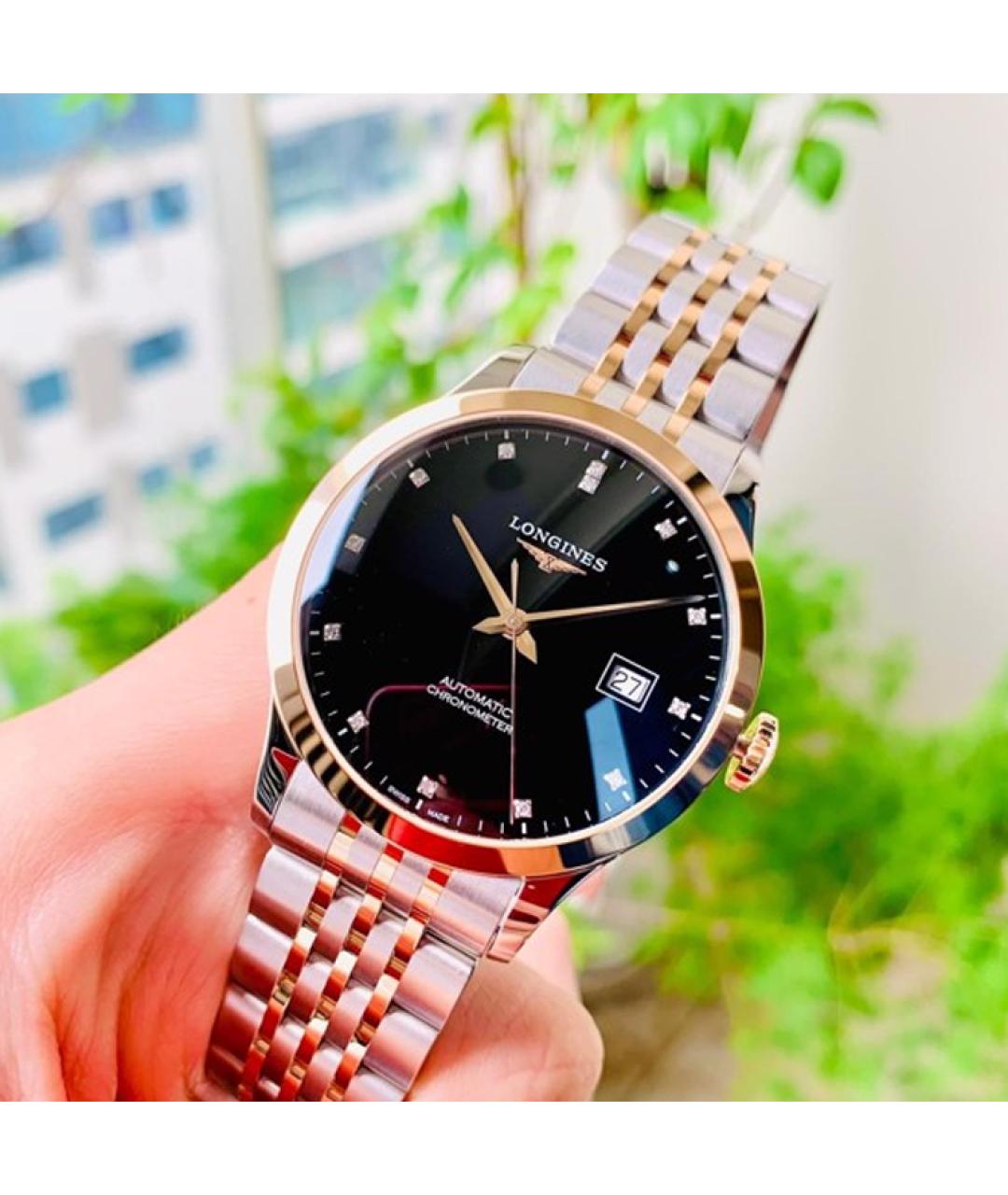 LONGINES Черные часы из золота и стали, фото 3