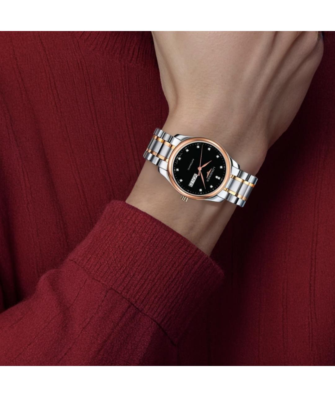 LONGINES Черные часы из розового золота, фото 4