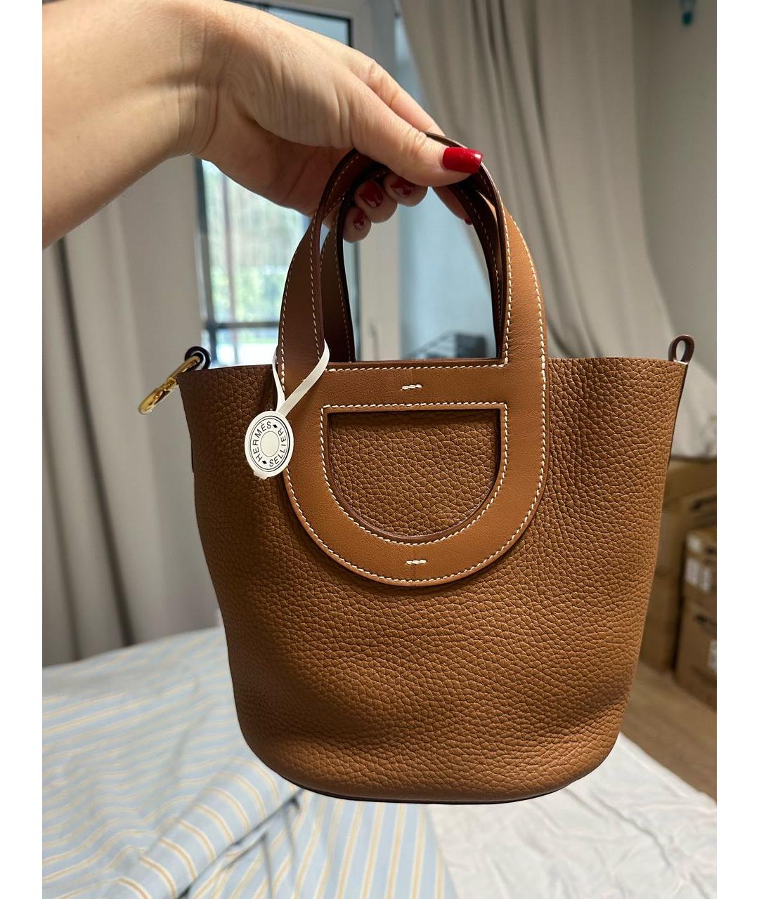 HERMES Коричневая кожаная сумка с короткими ручками, фото 9