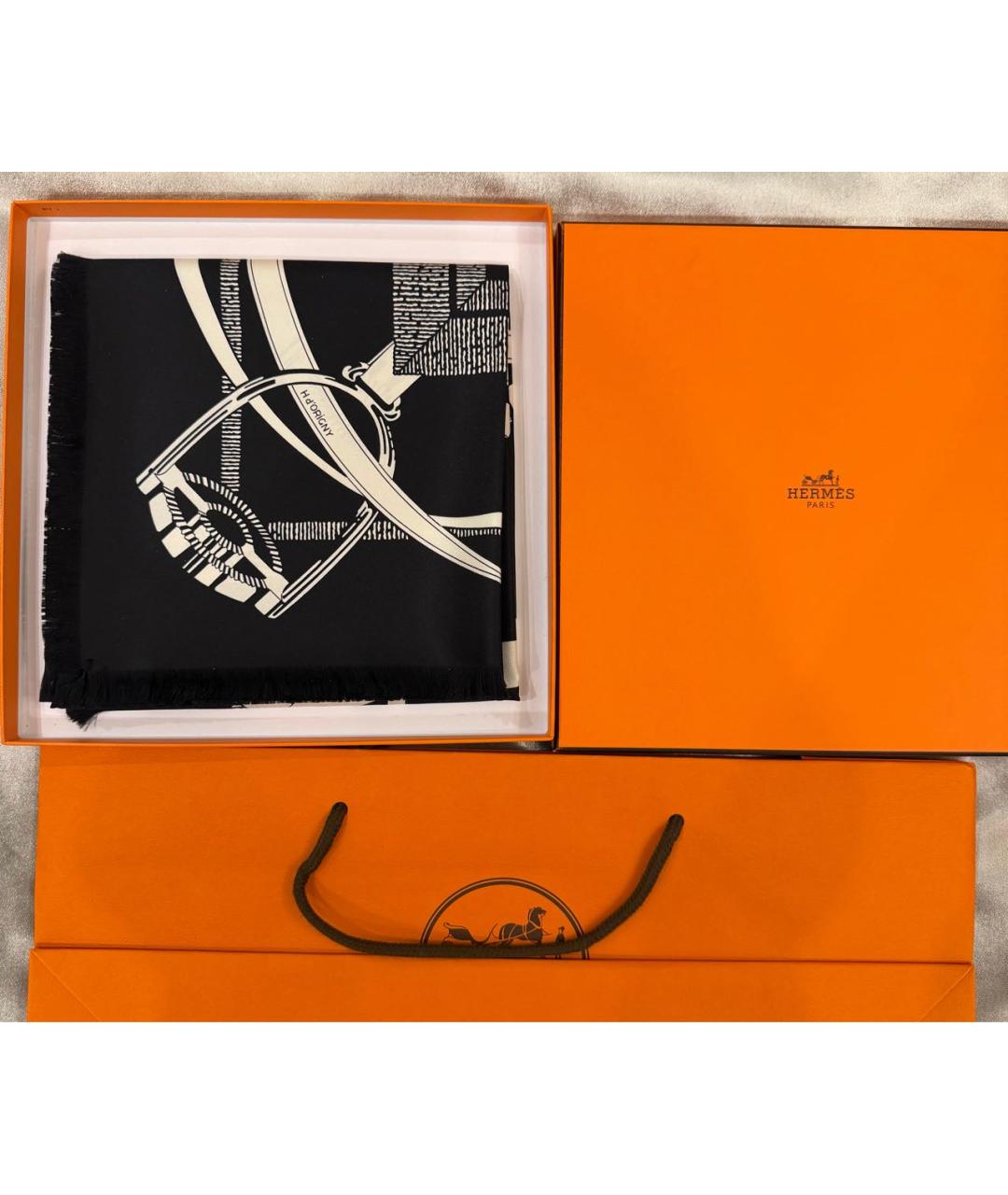 HERMES Черный шелковый шарф, фото 3