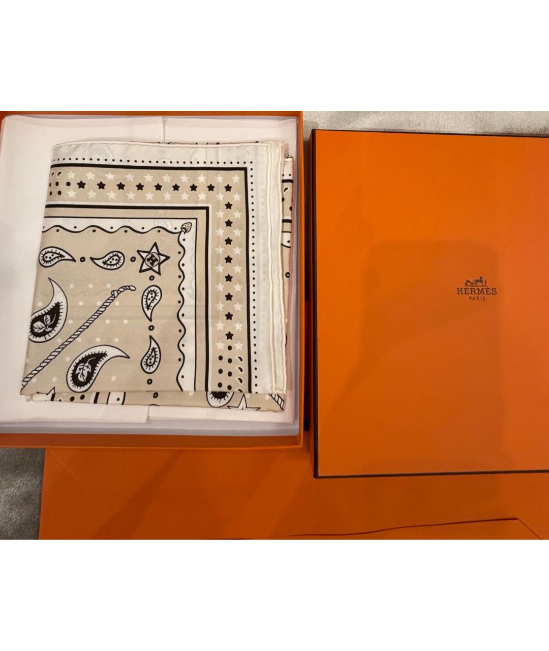 HERMES Бежевый шелковый платок, фото 3