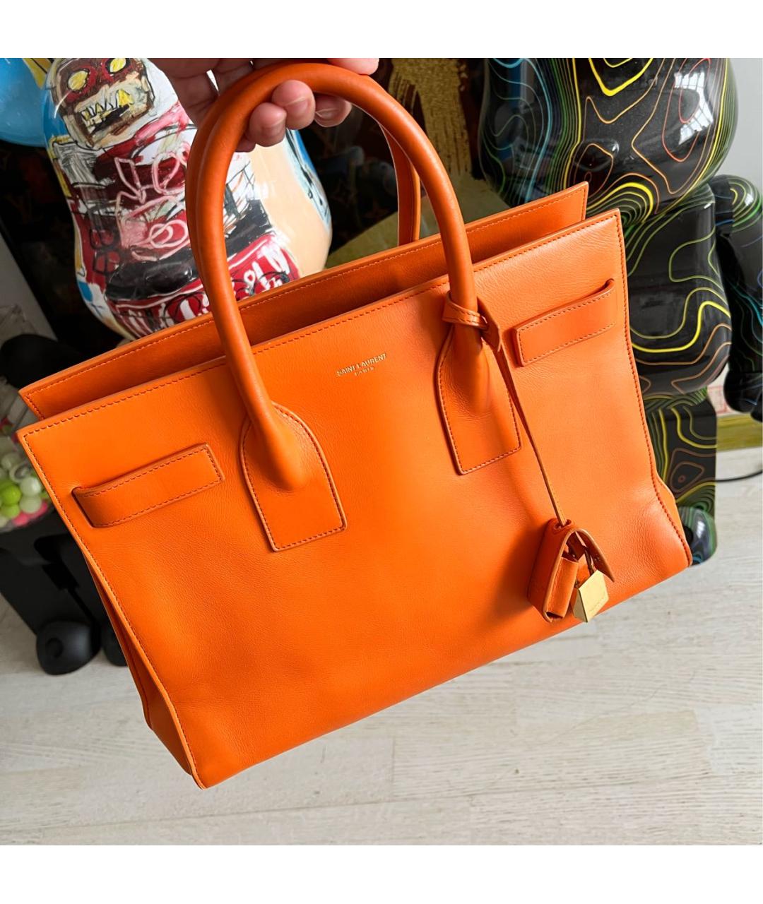 SAINT LAURENT Оранжевая кожаная сумка тоут, фото 3