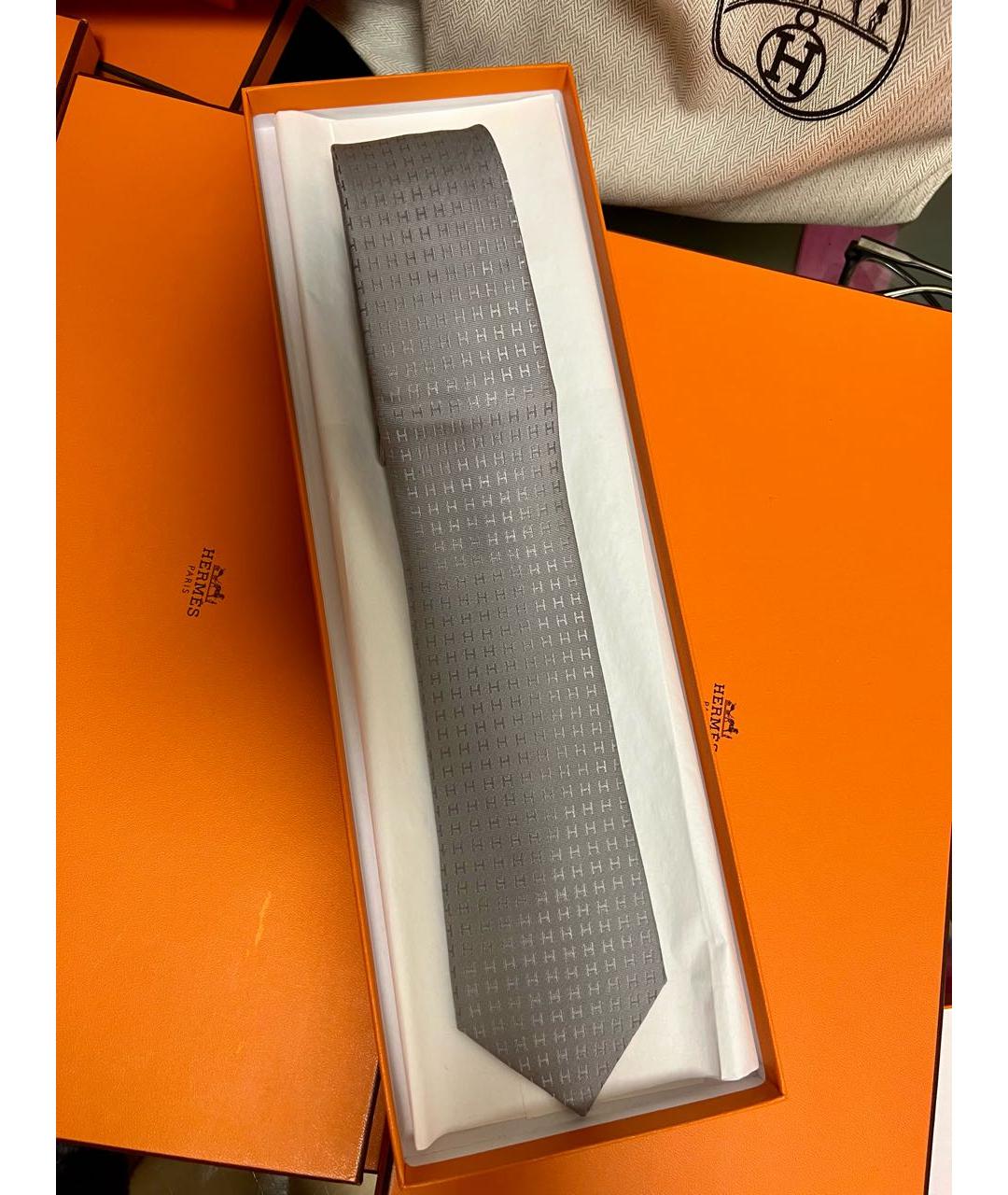 HERMES Серый шелковый галстук, фото 4