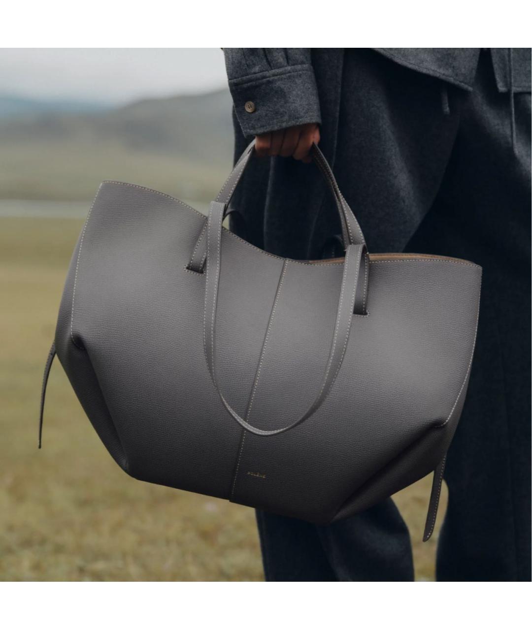 POLENE Серая кожаная сумка тоут, фото 2