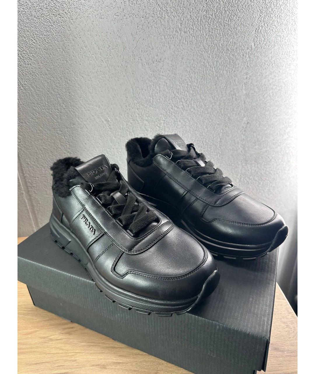 PRADA Черные кожаные низкие кроссовки / кеды, фото 4