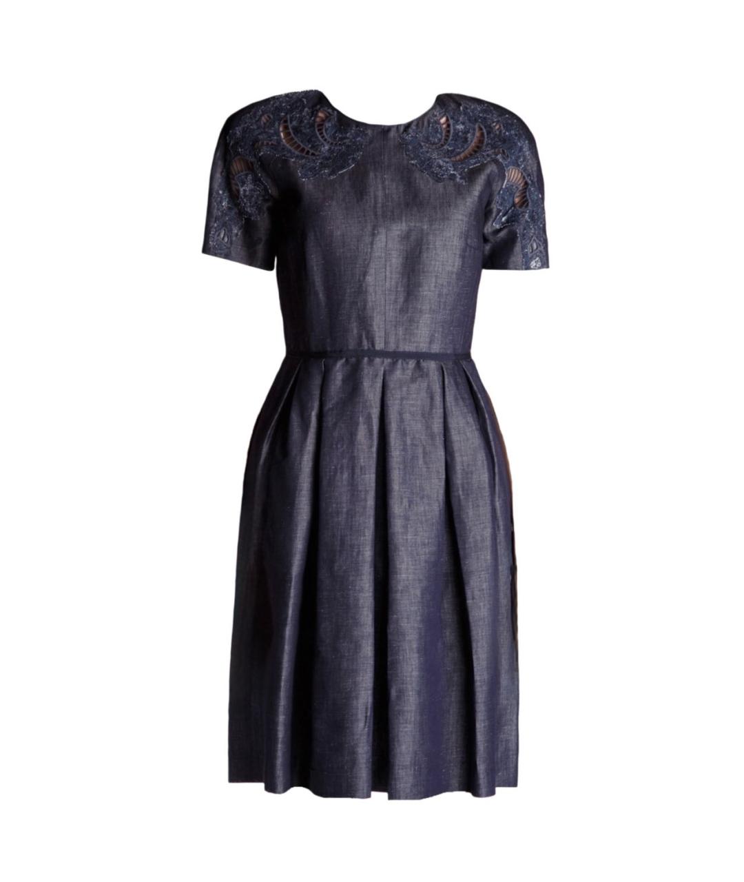 LES COPAINS Темно-синее льняное коктейльное платье, фото 9