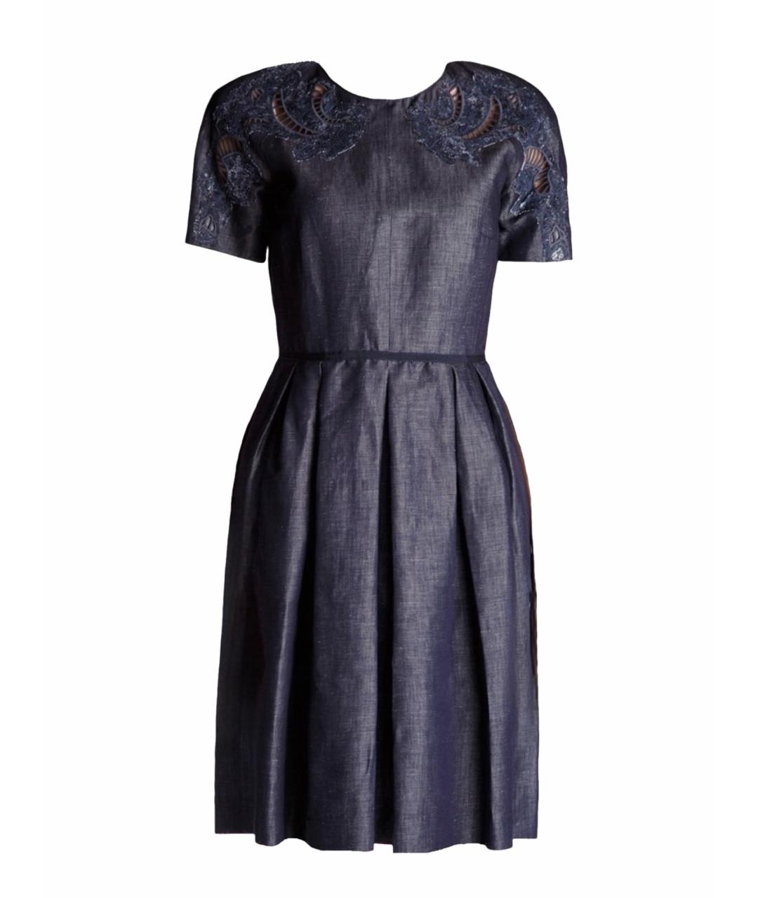 LES COPAINS Темно-синее льняное коктейльное платье, фото 1