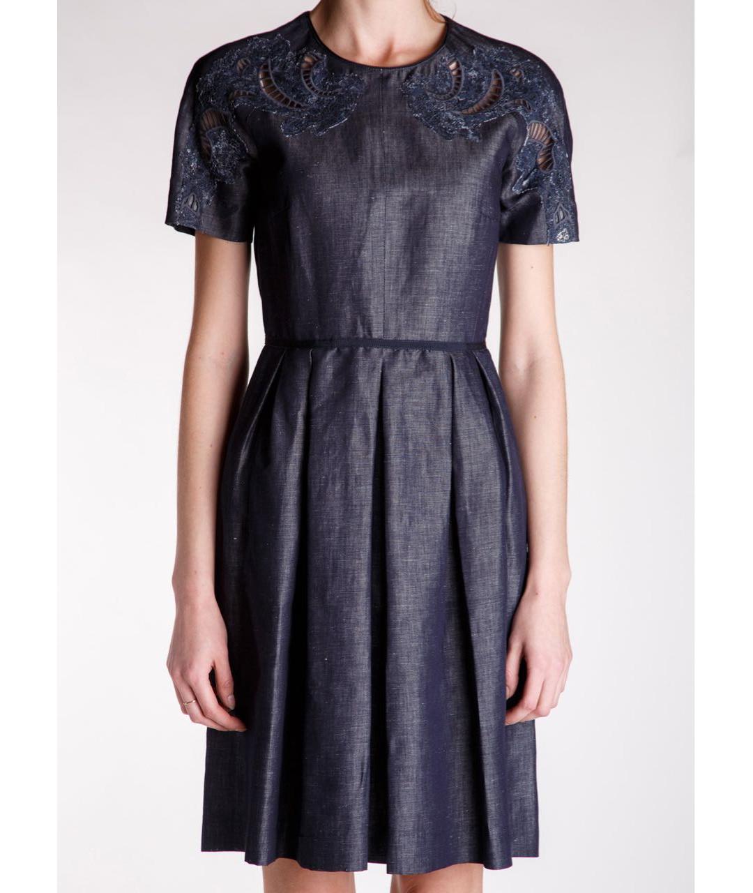 LES COPAINS Темно-синее льняное коктейльное платье, фото 3