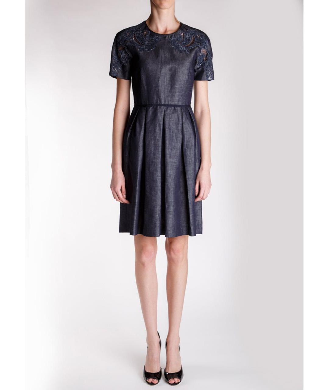LES COPAINS Темно-синее льняное коктейльное платье, фото 2