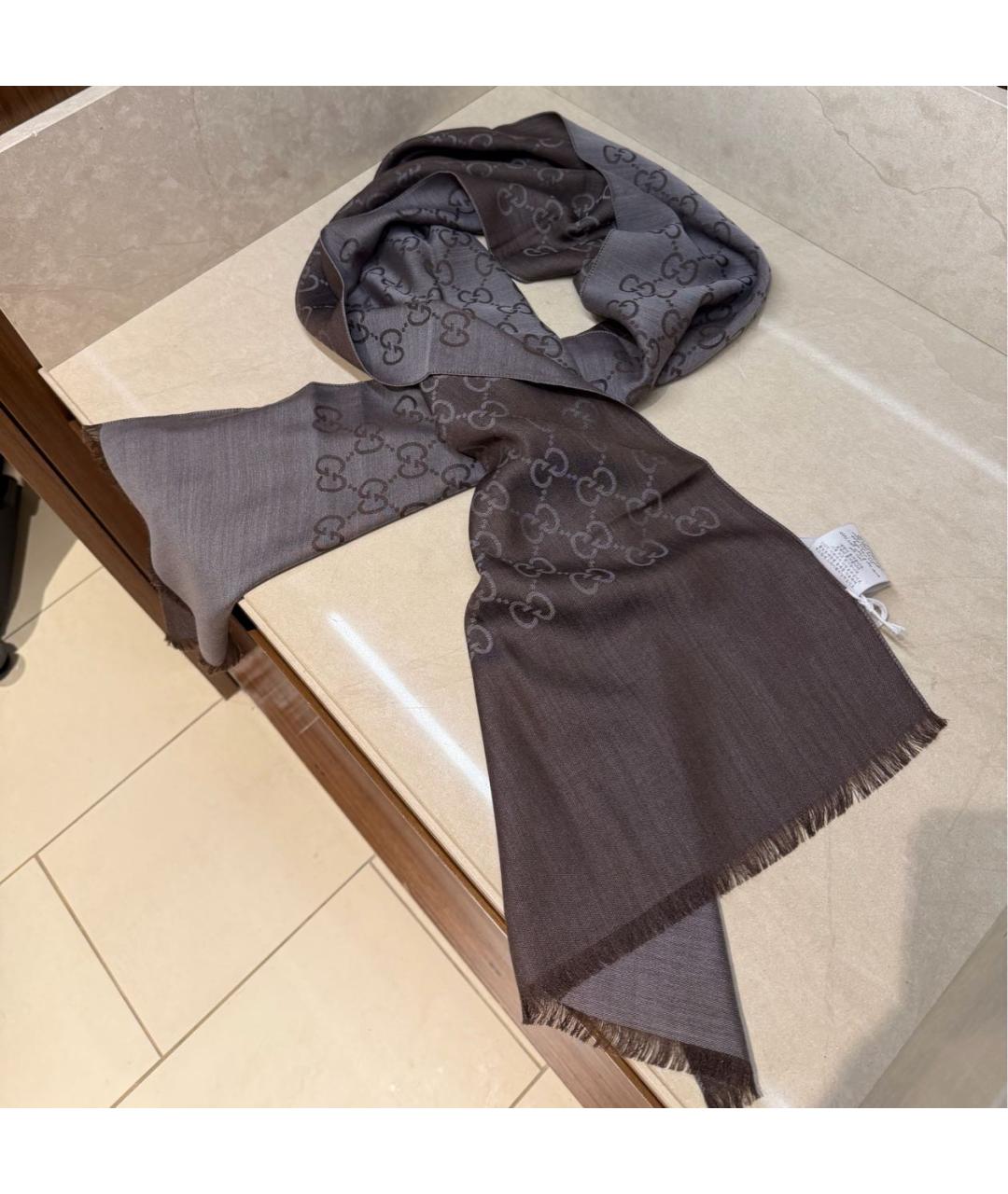 GUCCI Коричневый шерстяной шарф, фото 2