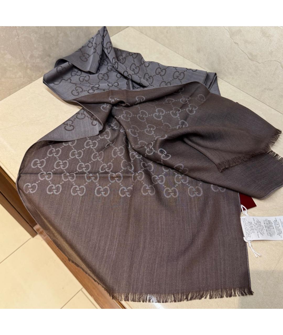 GUCCI Коричневый шерстяной шарф, фото 5