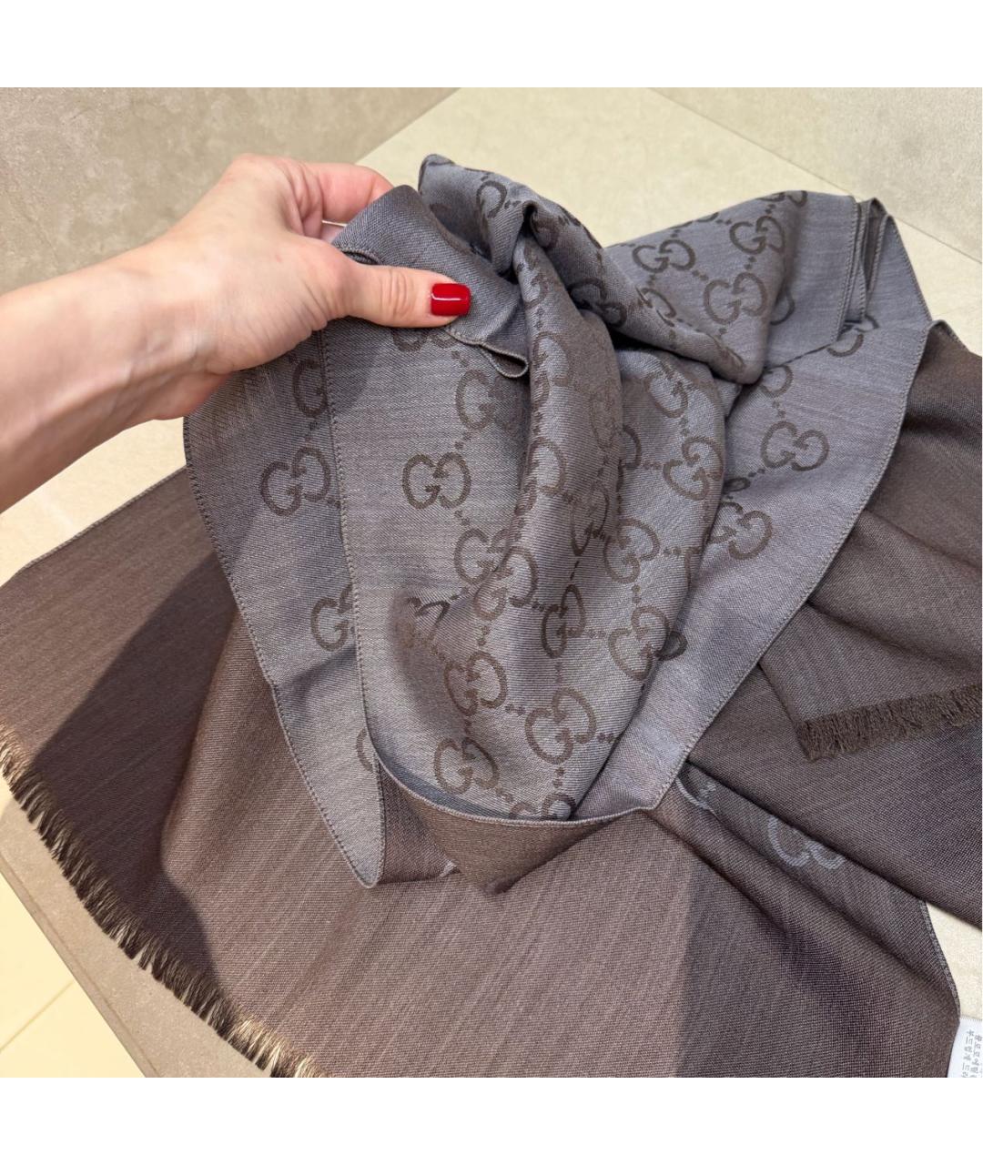 GUCCI Коричневый шерстяной шарф, фото 4