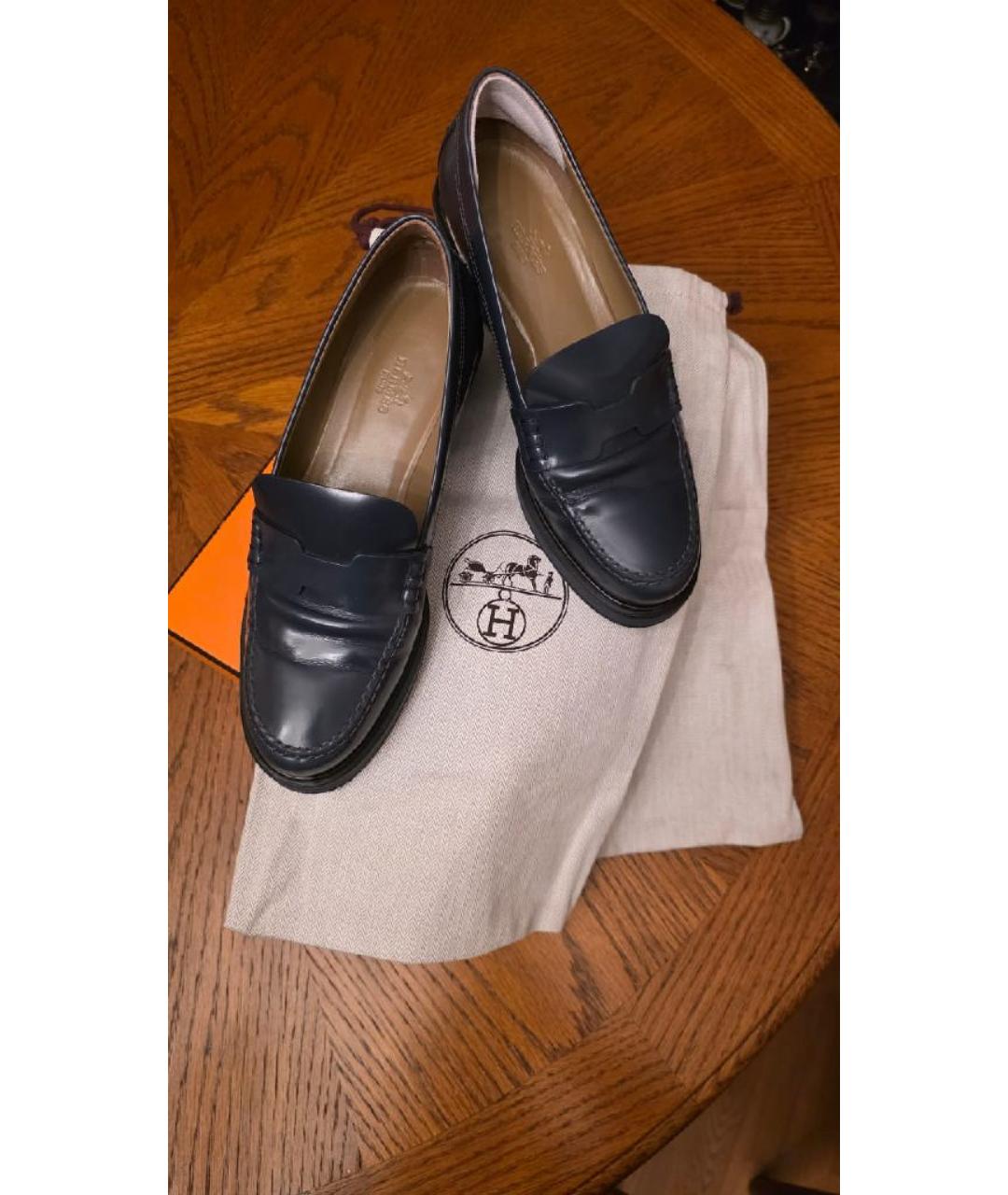 HERMES Синие кожаные лоферы, фото 3