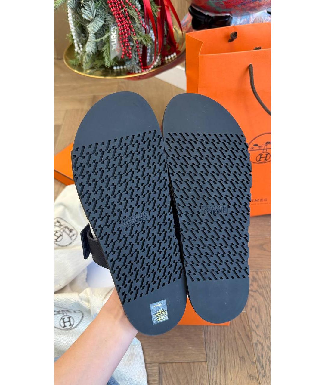 HERMES Темно-синие кожаные сандалии, фото 6