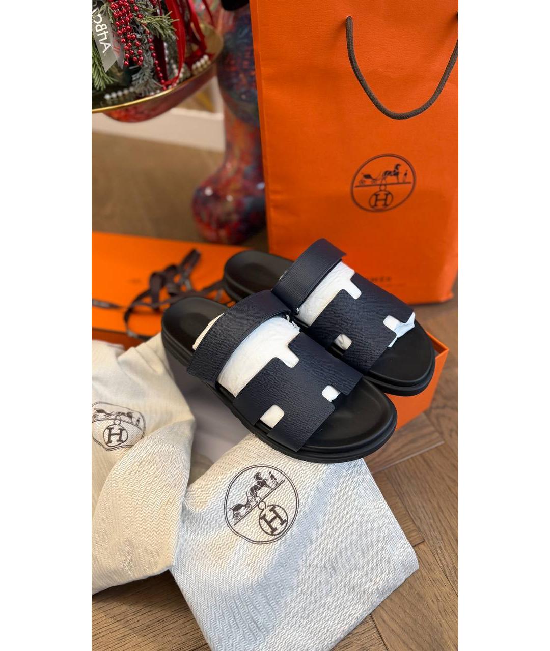 HERMES Темно-синие кожаные сандалии, фото 7
