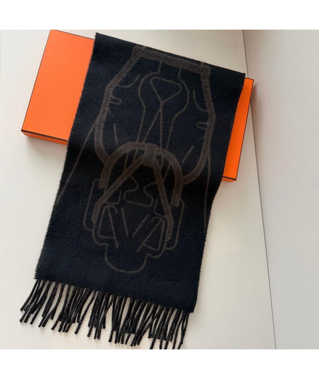 HERMES Черный кашемировый шарф, фото 2
