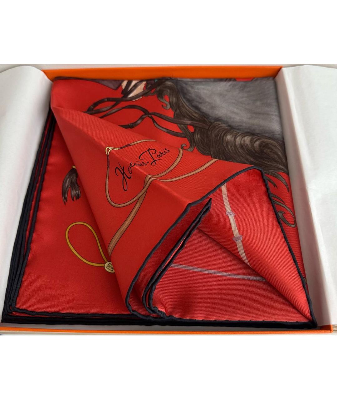 HERMES Красный шелковый платок, фото 4