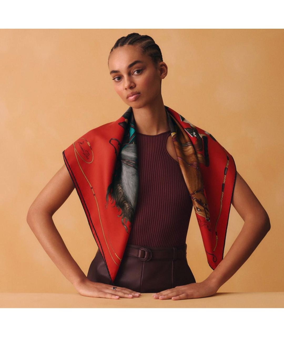 HERMES Красный шелковый платок, фото 3