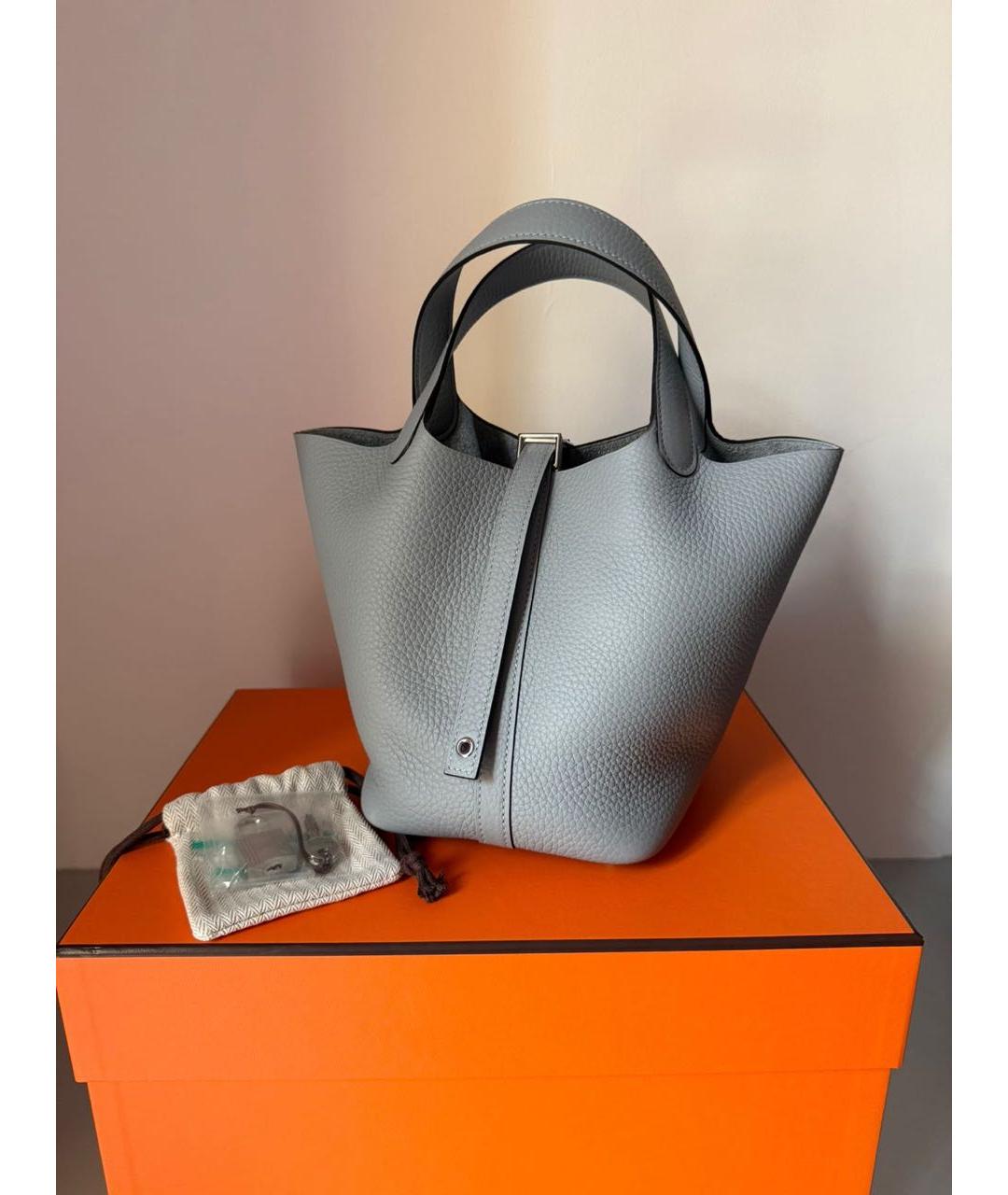 HERMES Серая кожаная сумка с короткими ручками, фото 7