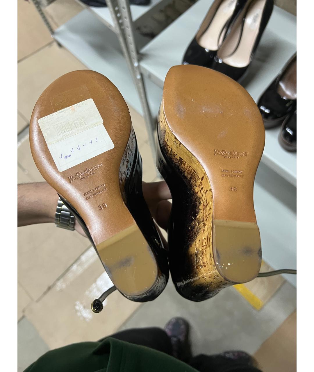 SAINT LAURENT Черные босоножки из лакированной кожи, фото 4