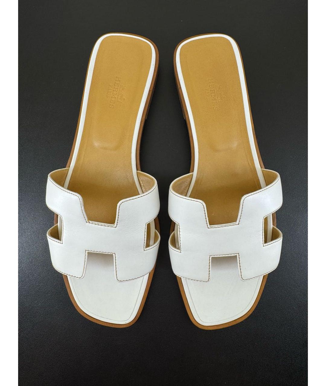 HERMES Белые кожаные шлепанцы, фото 2